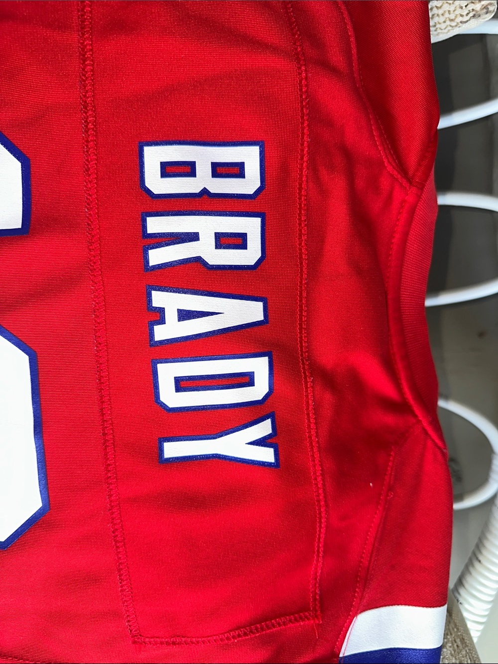 Nike Brady Kids Red Football Jersey with White #12 and Blue Trim - Picture 5 of 5